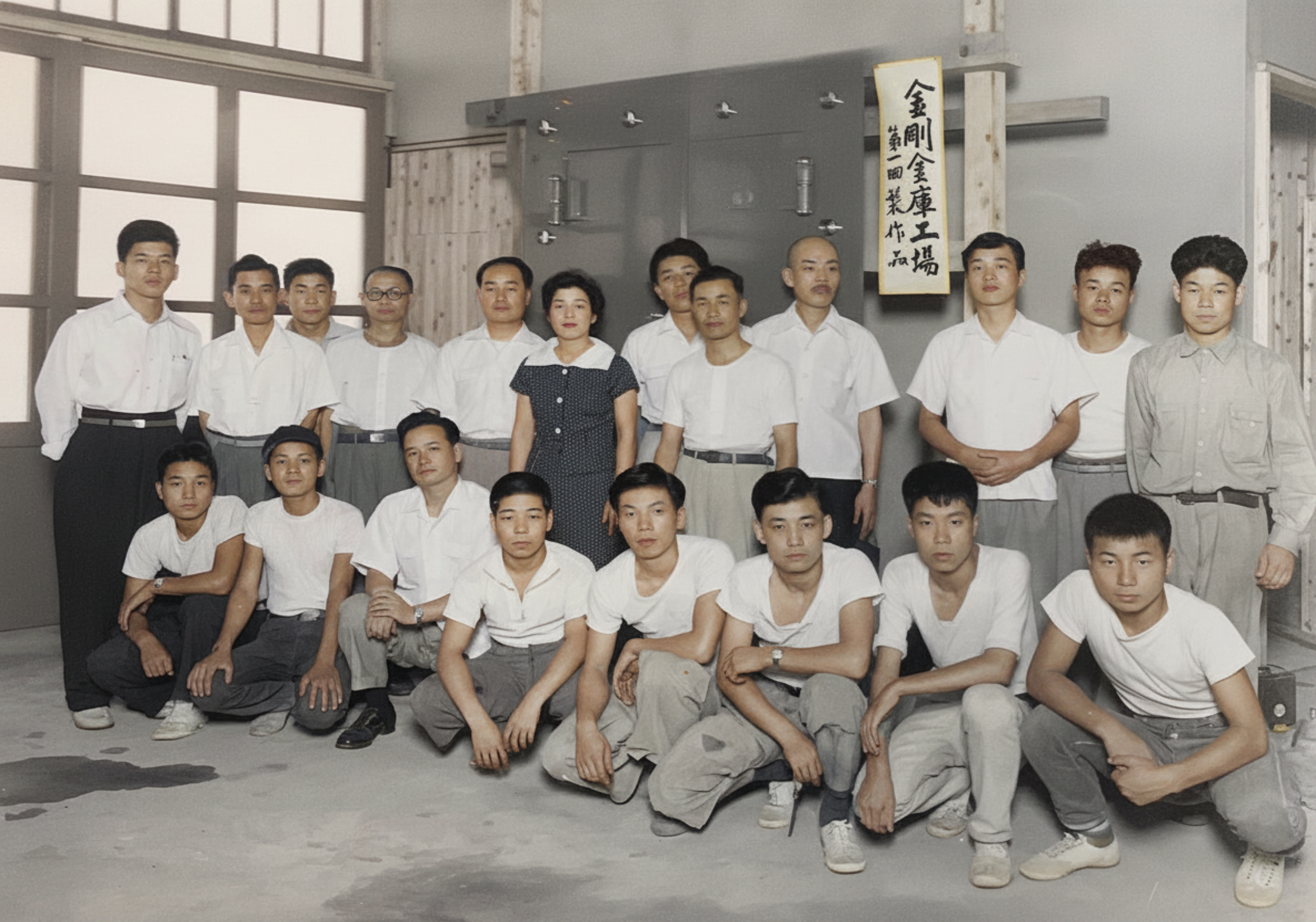 金庫室扉の制作第1号品をバックに記念撮影