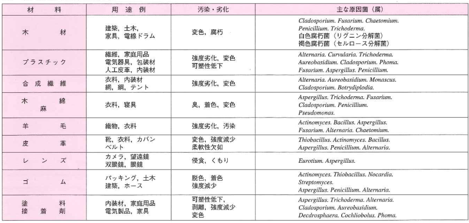 微生物汚染・劣化と主な原因菌